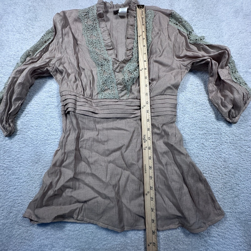 Y2K Empire Waist Blouse Women's Medium Feline‎ Tan Lace Detail Shirt Elastic - Picture 6 of 9
